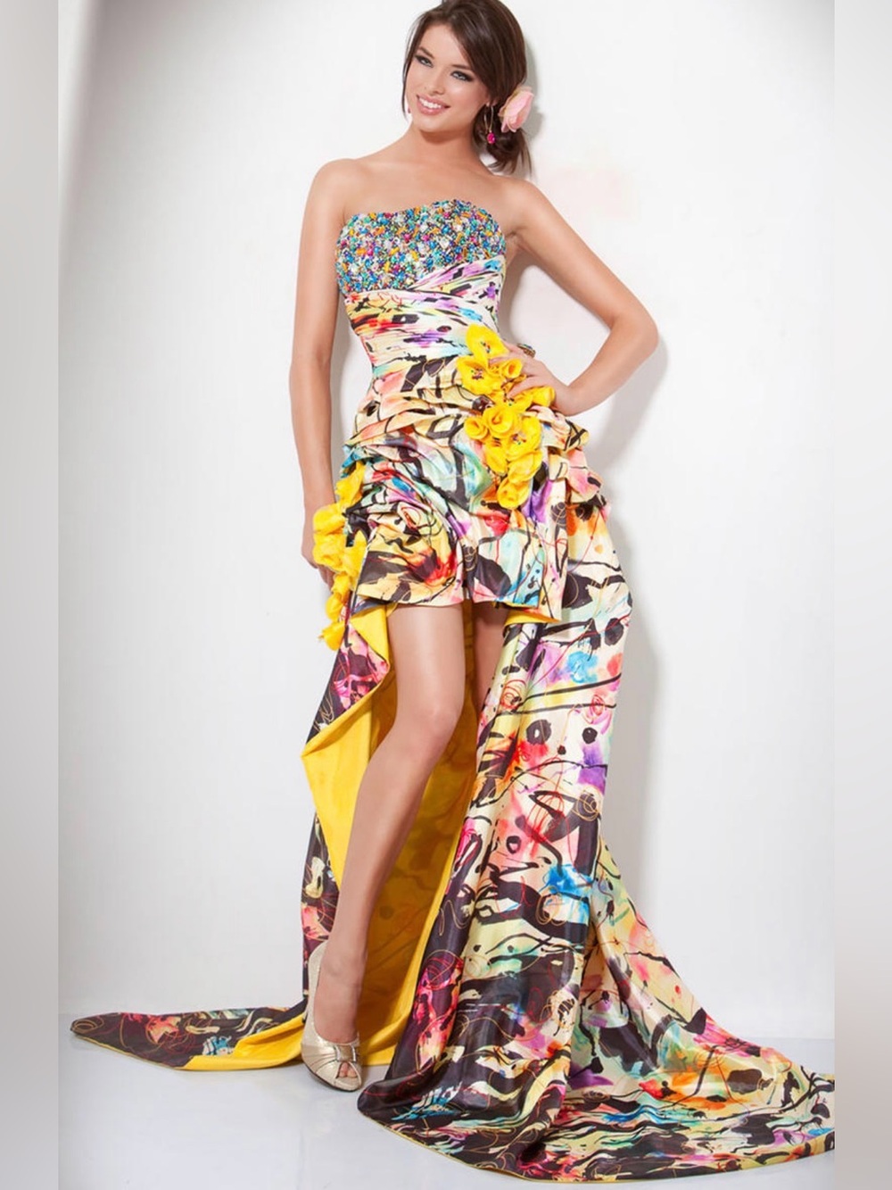 Jovani Strapless High-Low Floral Print Formal Prom Homecoming Dress  4